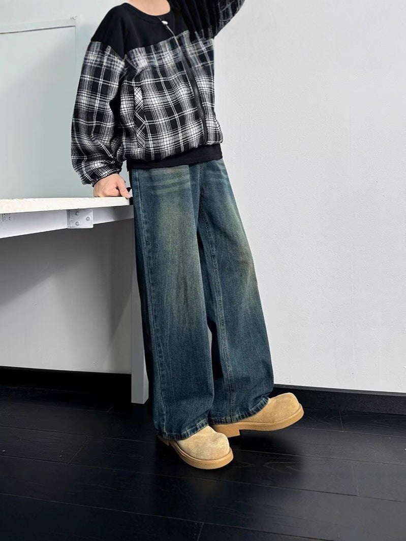 Chinese Retro Blue Washed Jeans For Men, Handsome Korean Style Loose Washed Straight Wide-Leg Floor-Length Pants - Image 5